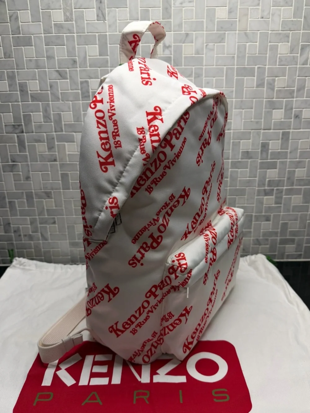 Kenzo Paris Logo Print Backpack Off White Red Allover Logo Canvas New With Tags
